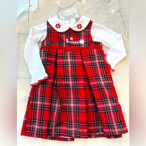 BNWT Baby Girl Red and White Suede Plaid Dress with Bows Log Sleeve Detached Top